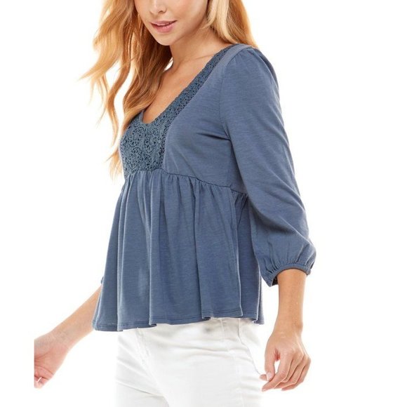 DEREK HEART Vintage Indigo Three-Quarter Sleeve Peplum Top - Small - Picture 3 of 4